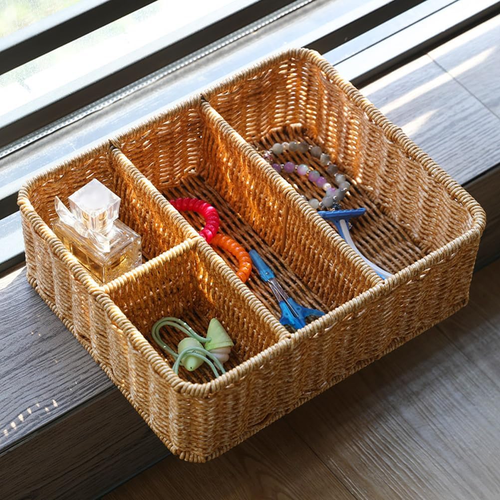 Luxshiny Rectangular Woven Storage Basket with 4 Compartments Table Divided Key Basket Box Wallet Tray Entryway Organizing Utensil Holder for Tissue