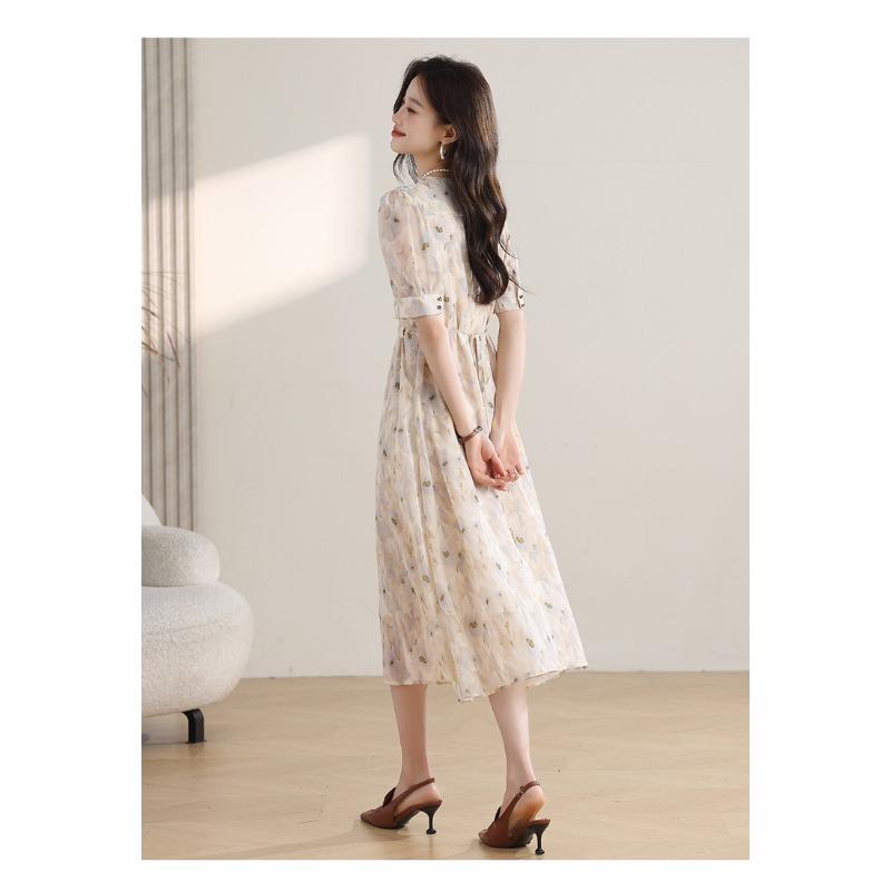 French Style Floral Dress Women Summer Long V Neck Slim Fit Elegant Tea Dress Flowy Long Dress