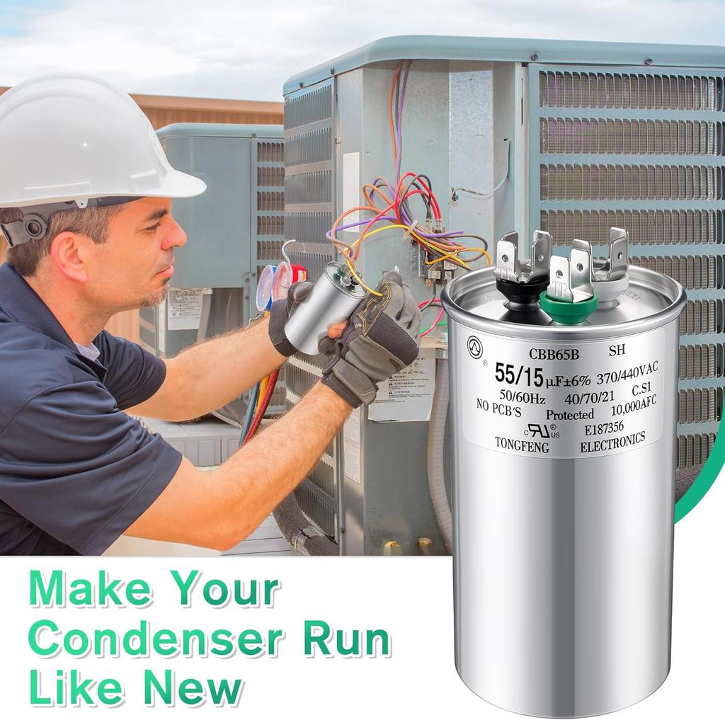 55+15 uF±6% 370/440V CBB65 Dual Run Round Capacitor for AC Motor, HVAC Capacitor, Air Conditioner Replacement, Heat Pump, Fan Start, Condenser