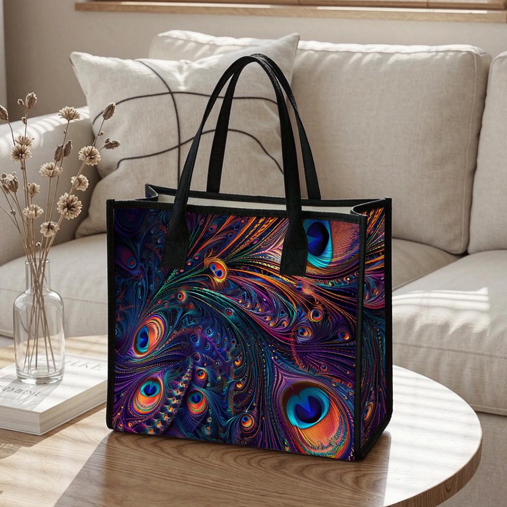 Vibrant Peacock Feather Printed Casual Tote Bag for Daily Use Portable Stylish Large Capacity Shoulder Handbag for Women