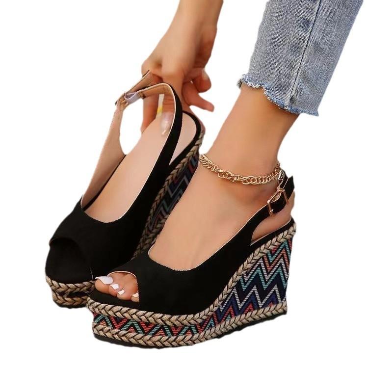 Foreign Trade Large Size Women's Shoes 2025 New One-word with Wedge Heel Platform Sandals Fashionable New Wedge Heel Sandals High Heel Women
