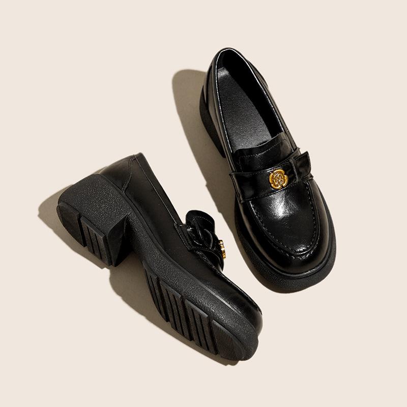 Sunflower~ round head small leather shoes thick-soled retro small gold buckle genuine leather thick heel lazy loafer single shoes women's small le