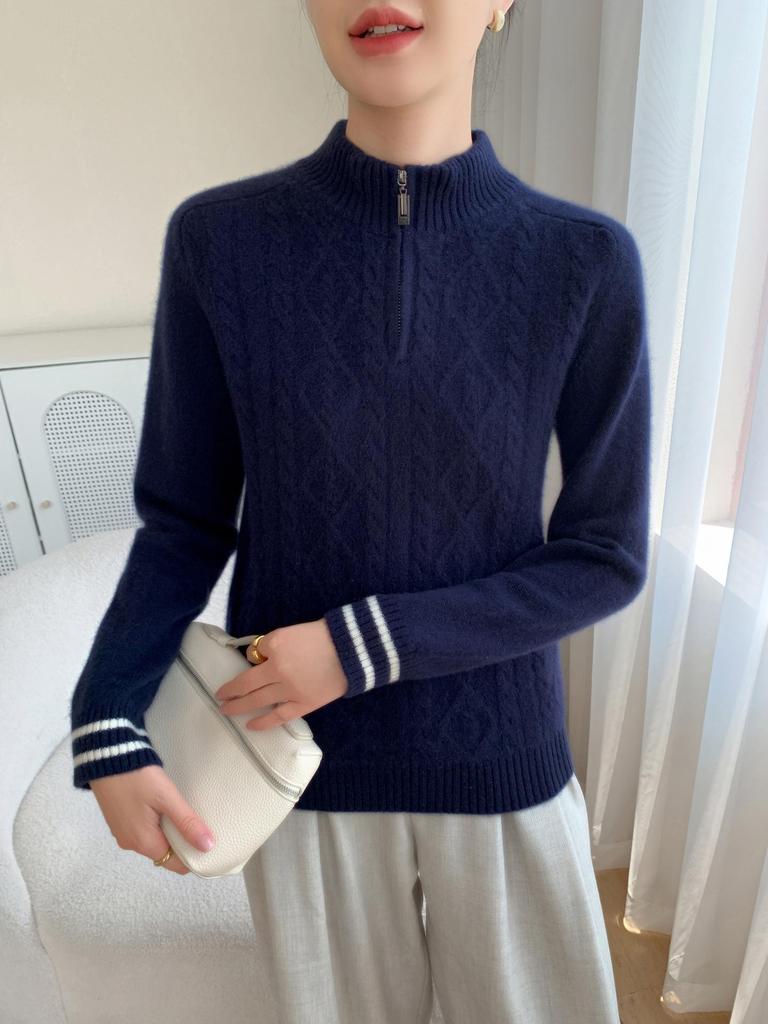 2025 Women's Autumn/Winter Half-Zip Stand Collar Cashmere Knit Sweater - Loose, Slimming, Thick Base Layer