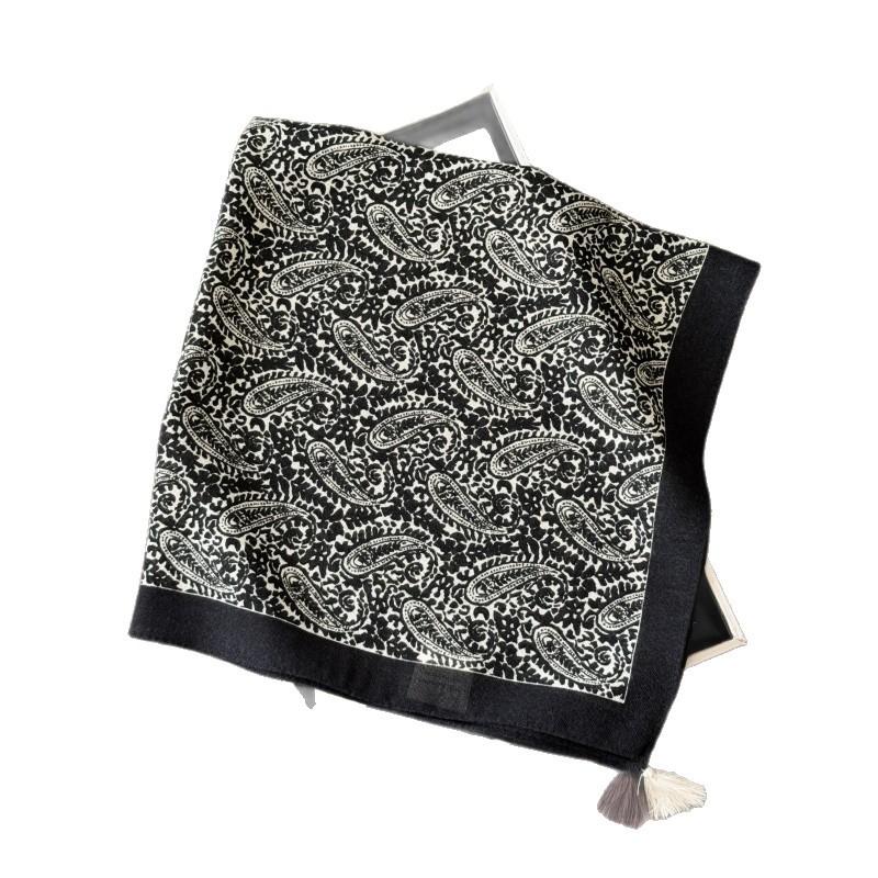 New Korean Version Fashionable and Simple Fringed Square Scarf Imitation Cashmere Thin Hanging Ear Scarf Decoration Old Money Wind Hanging Beard Silk