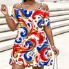 Women Plus Size Cold Shoulder Chain Strap Short Sleeve White Purple Printed Loose Dress