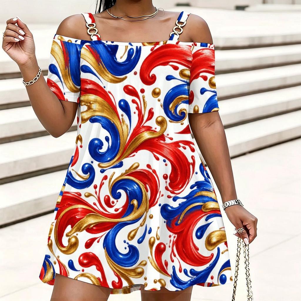 Women Plus Size Cold Shoulder Chain Strap Short Sleeve White Purple Printed Loose Dress