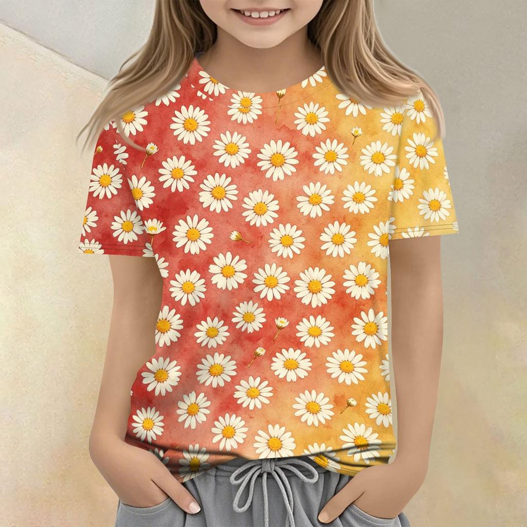 Kinder Blumenprint Rundhals Kurzarm Lässiges Lockeres T-Shirt Top für den Alltag Bequemer Stoff