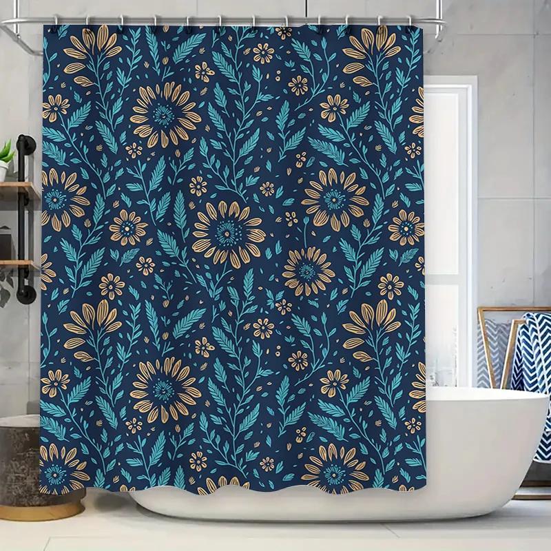 Blue Floral Print Shower Curtain Waterproof Bathroom Decoration for Home Decor
