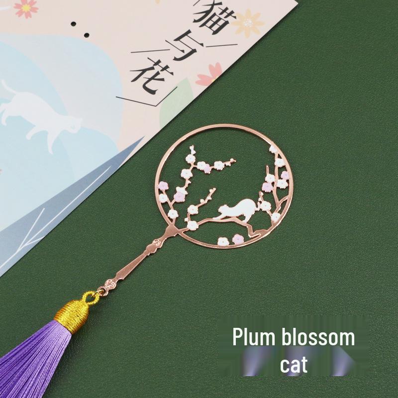 Chinese Style Floral Metal Bookmark: Cat & Magnolia