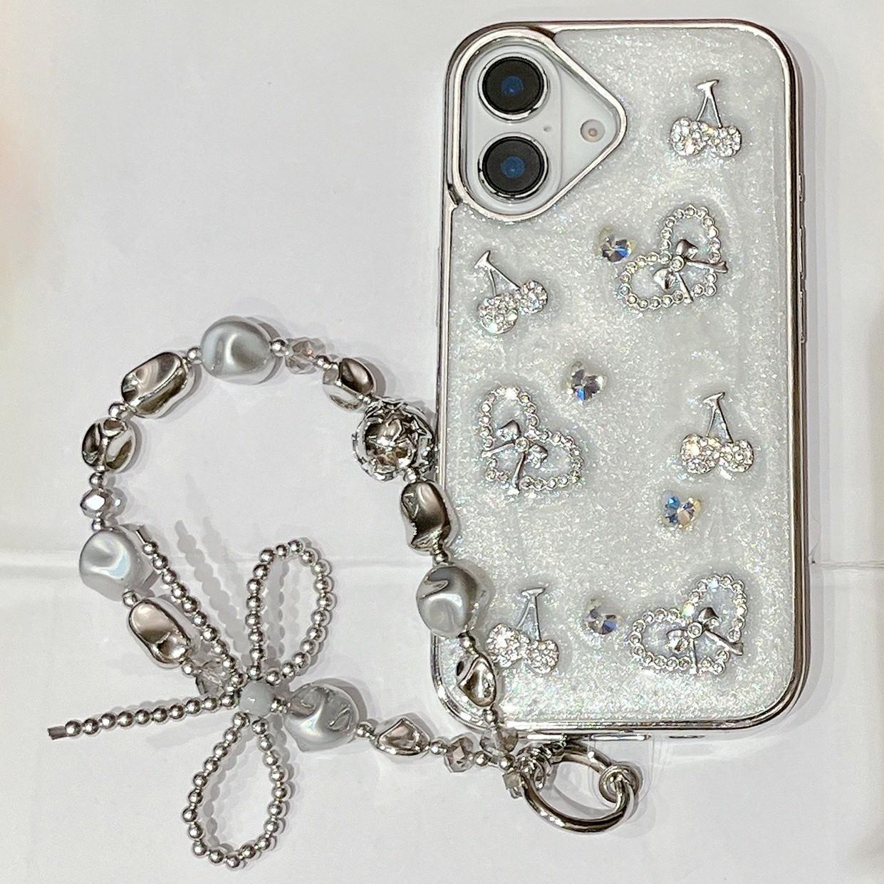 

For iPhone 16 Case Glitter Cherry Heart Epoxy PC TPU Phone Cover with Strap A