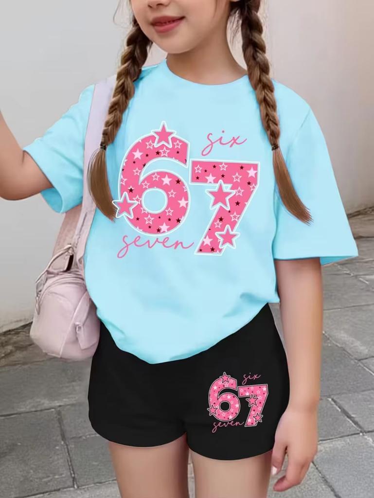 67 Six Seven Girls Clothes Cute Tie-Dye 3D Print Girls Short Sleeve T-Shirt Pants Set Casual Fashion Children's Clothes Tops