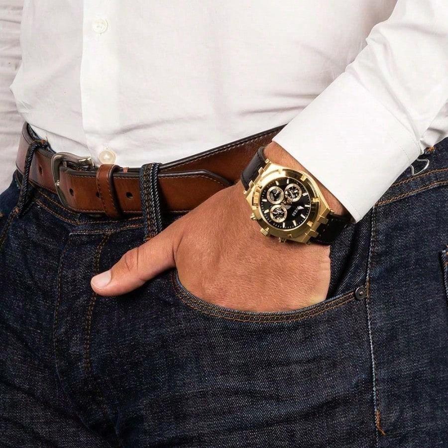 Guess Watches For Men Continental Multifunction Three-eyed Dial Brown/Black/Khaki Leather Strap Watch For Men Gift For Men GW0262G2