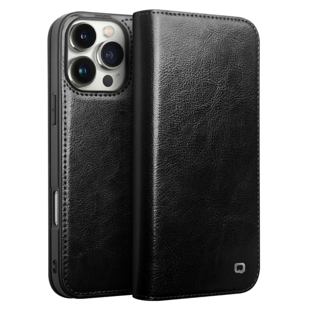 

QIALINO For iPhone 16 Pro Case Genuine Cow Leather Phone Cover with Card Holder Black