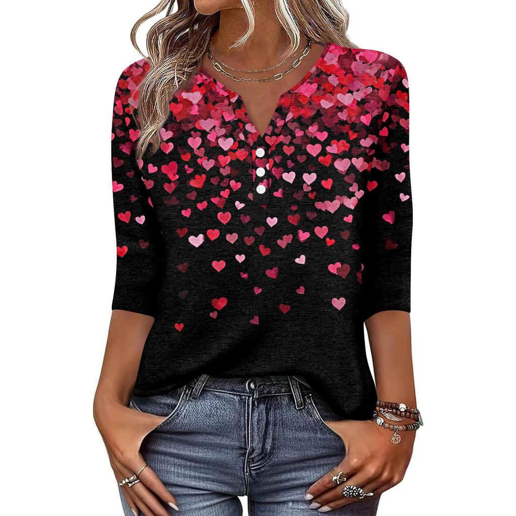 Women's T Shirt Print Button 3/4 Sleeve Daily Weekend Fashion Basic V- Neck Regular Top