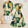 Women Plus Size Two Piece Set Geometric Printed Square Neck Short Sleeve Tie Waist Flared Dress And 3 4 Sleeve Long Cardigan
