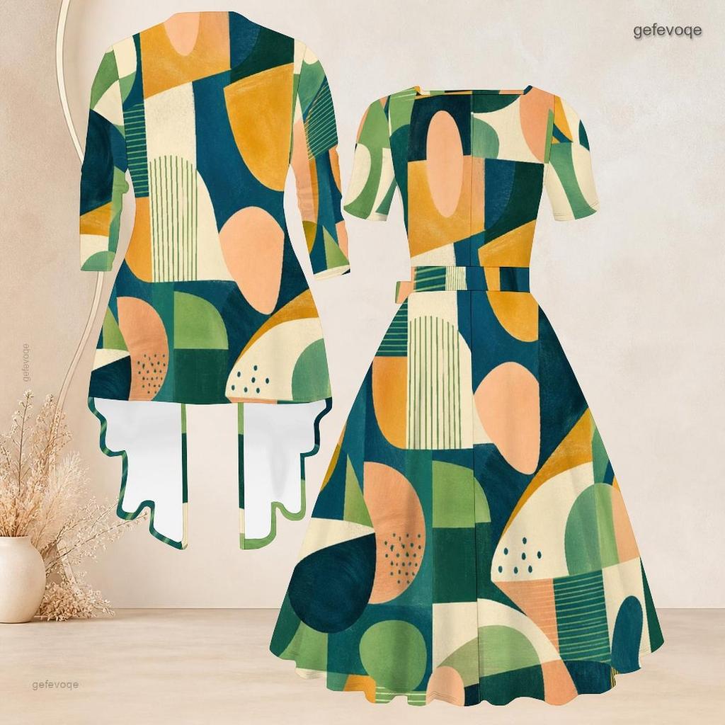 Women Plus Size Two Piece Set Geometric Printed Square Neck Short Sleeve Tie Waist Flared Dress And 3 4 Sleeve Long Cardigan