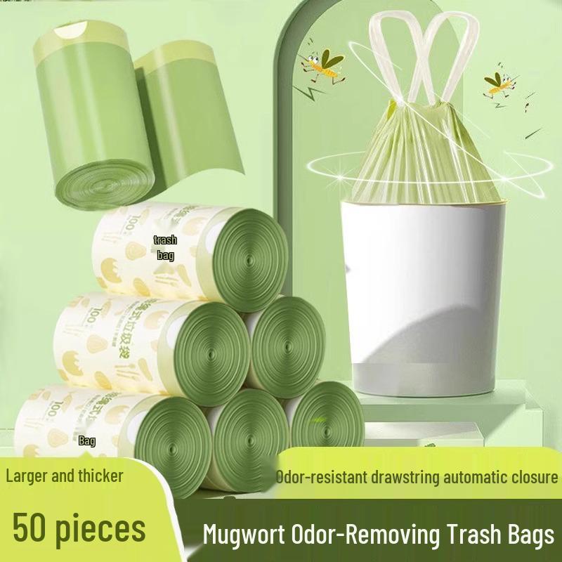 Mugwort Scented Extra-Thick Disposable Kitchen and Dorm Garbage Bags with Drawstring - Large and Portable