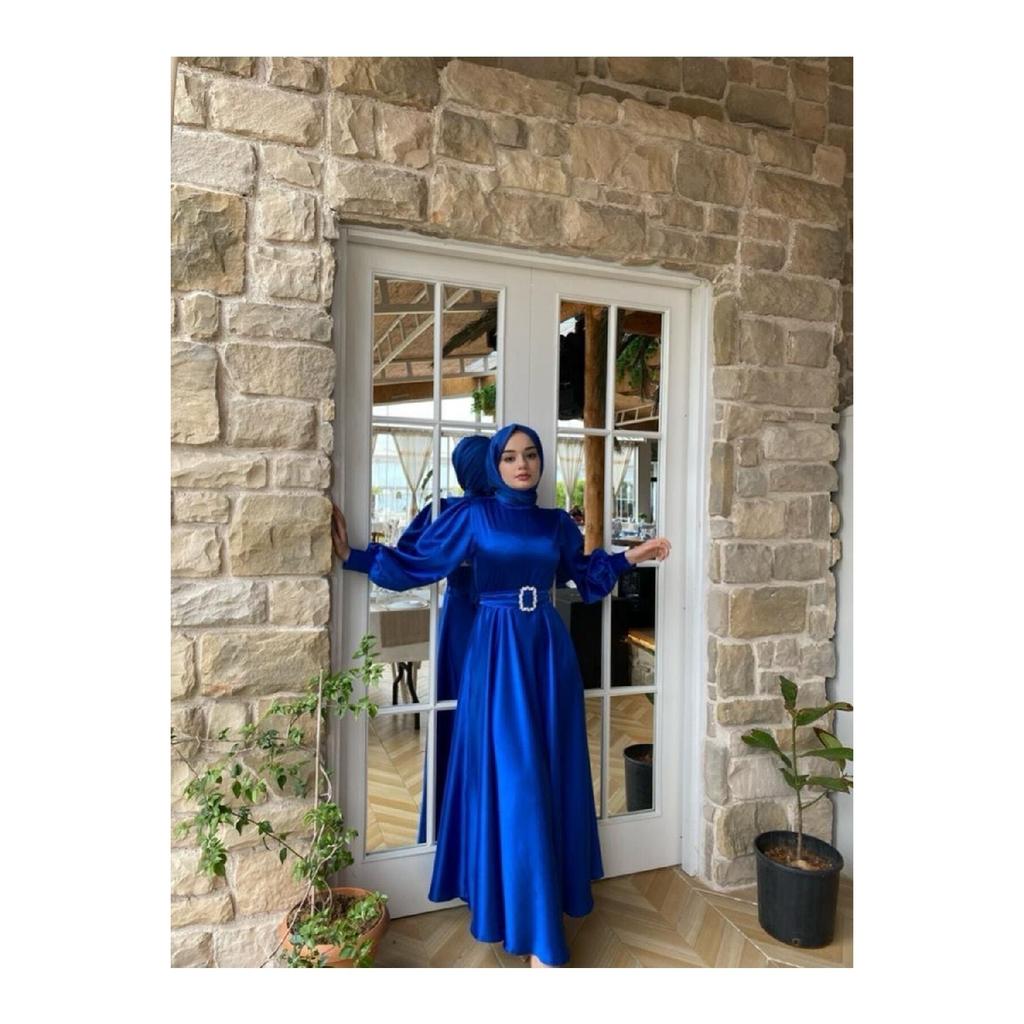 Women's Black Satin Belted Bellae Dress