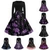 Ladies Casual Fashion Round Neck Long-sleeved Retro Halloween Print Retro Hepburn Dress
