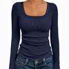 Top da Donna a Coste con Scollo Quadrato, Maglietta Base a Manica Lunga Slim Fit per Autunno Inverno Primavera, Crop Top Casual
