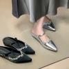 Height-increasing silver bag head slippers 2025 spring new rhinestone one-pedal outer wear pointed single shoes women's platform slippers