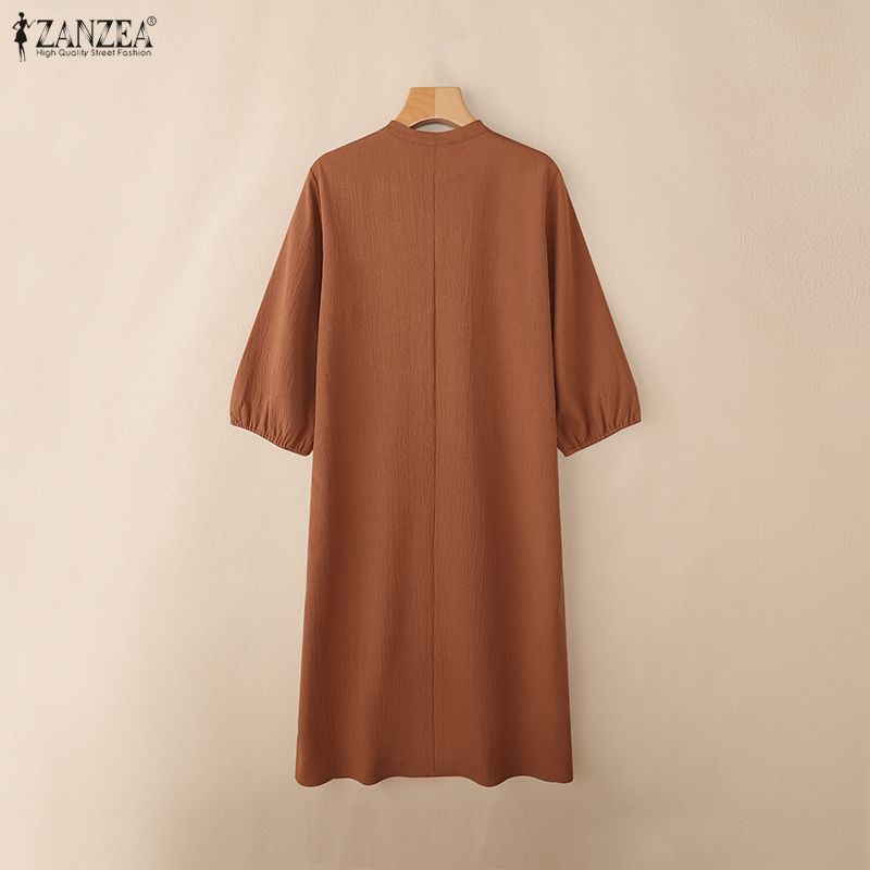 ZANZEA Women Casual V-Neck Solid Color 3/4 Sleeve Dress