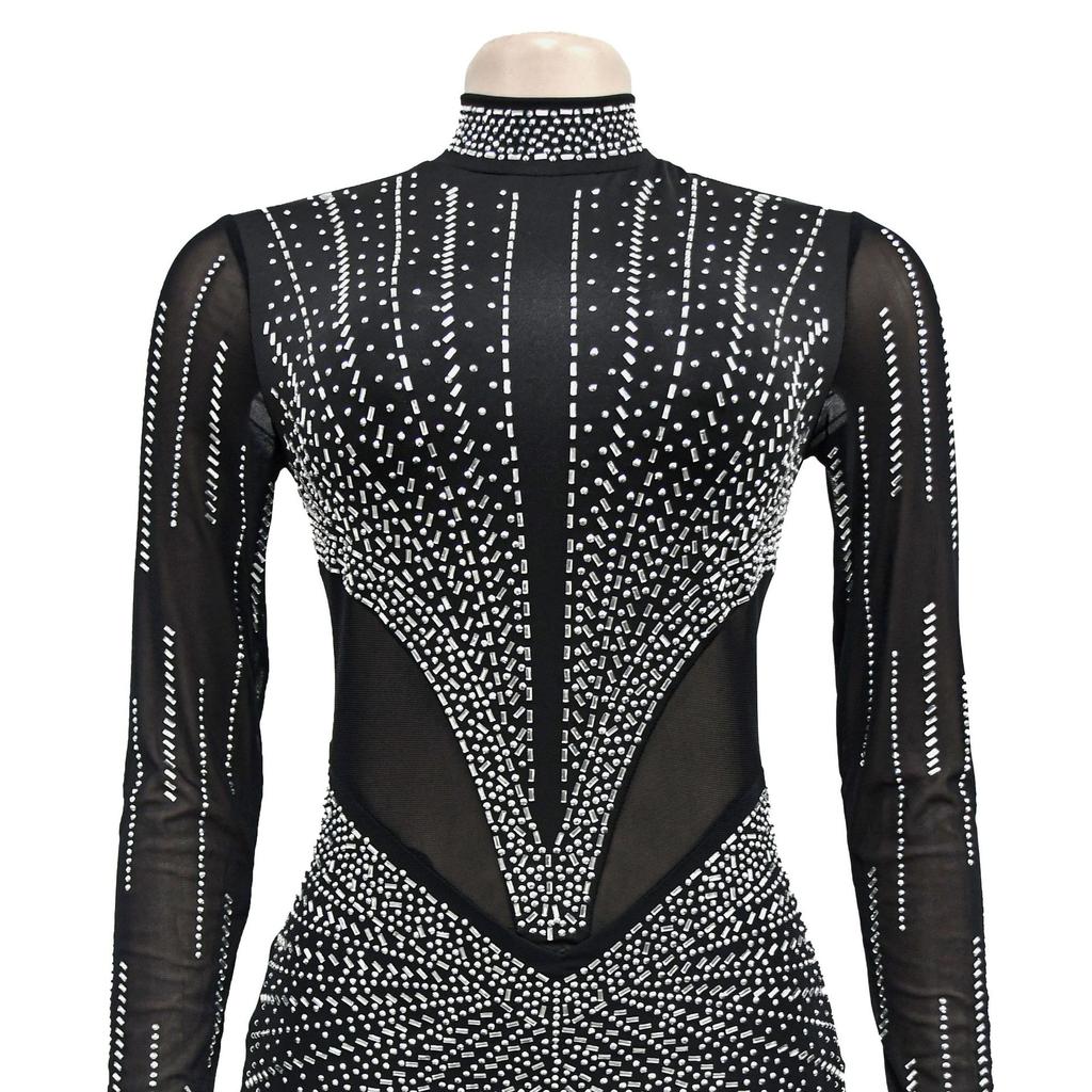 Fashion Women's Dress Solid Colour Mesh Drill Long Sleeve Long Dress