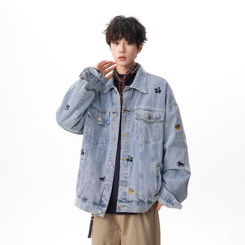 Unisex Oversized Denim Jacket With Embroidered Cartoon Dog Streetwear 2026 Casual Outerwear