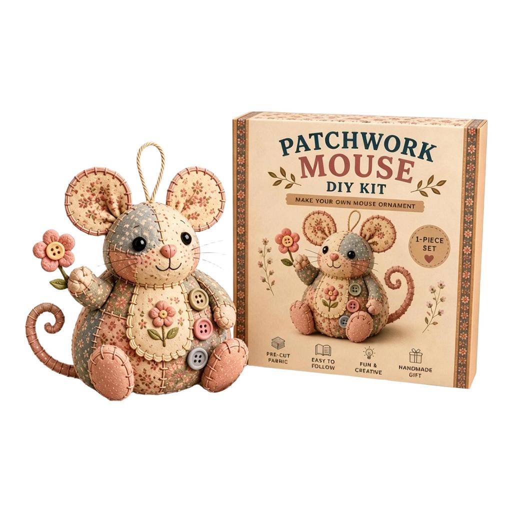 Patchwork Mouse DIY Sewing Kit with PreCut Fabric Felt Accessories Instructions for Handmade Mouse Ornament Crafting