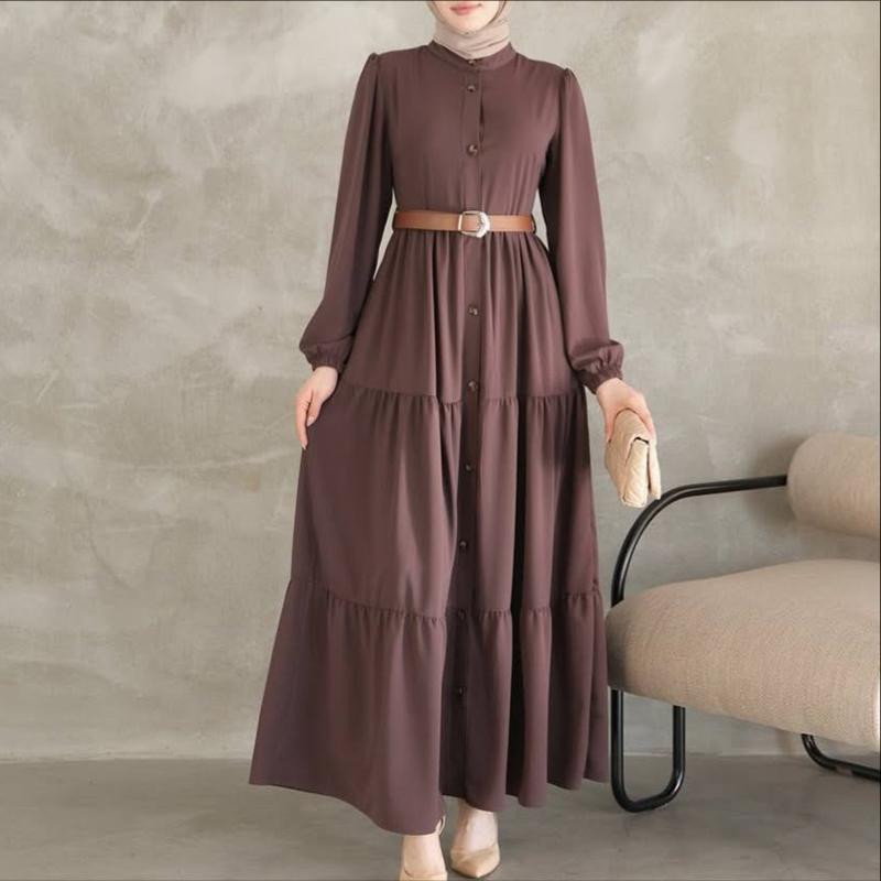 ZANZEA Muslim Women Round Neck Loose Casual Long Sleeve Dress