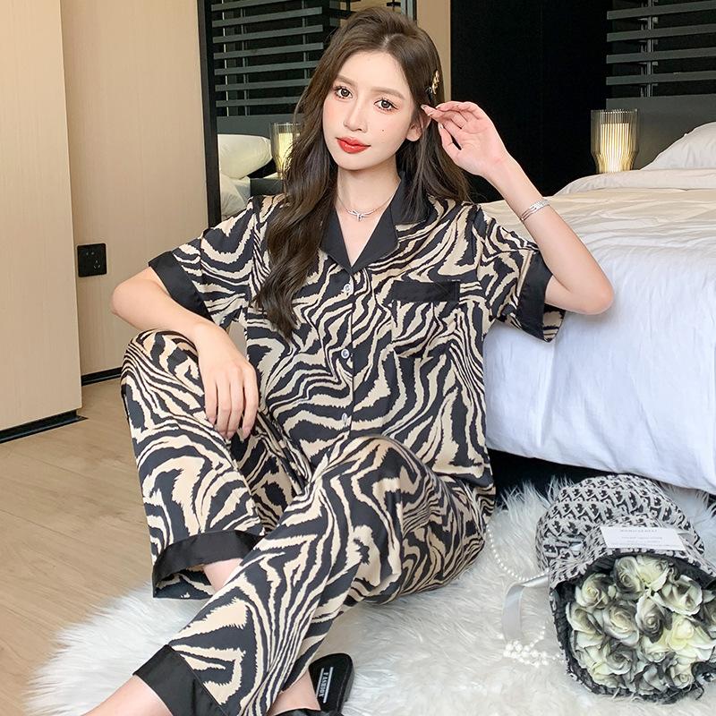 Women's Summer Zebra-stripe Ice Silk Loungewear 3 Piece Short Sleeve Pajamas Set Ladies Spring and Autumn High-end Homewear