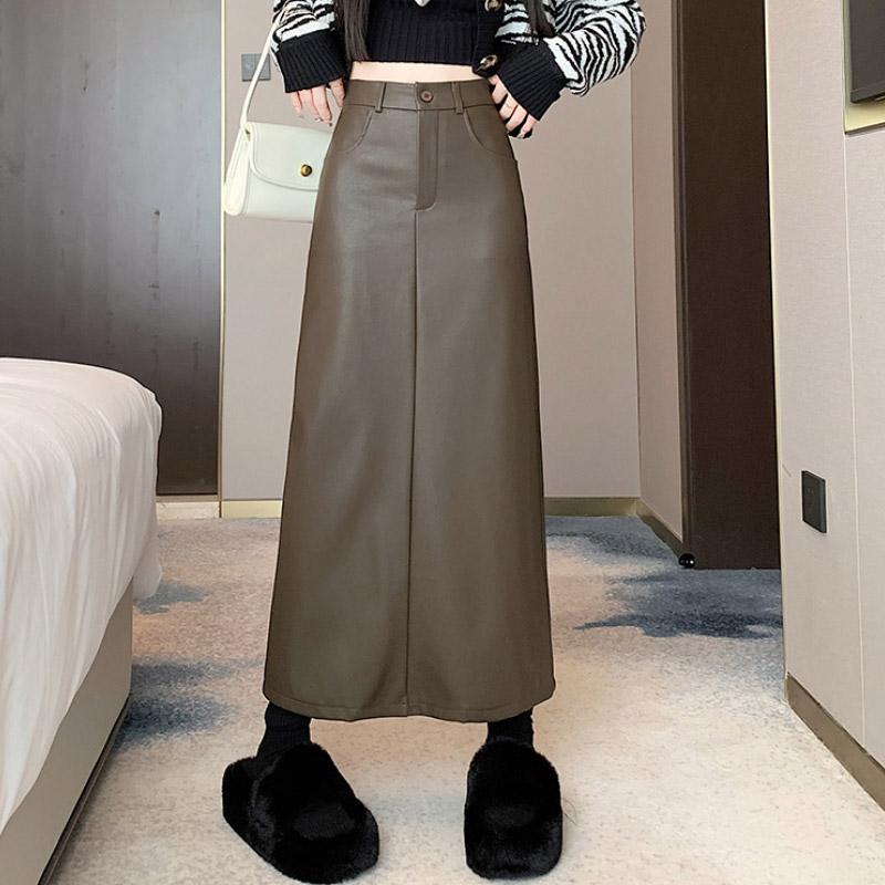 A-line Slit Leather Skirt for Women Autumn Winter High-waisted Black PU Midi Skirt Black Korean Fashion Female Clothing