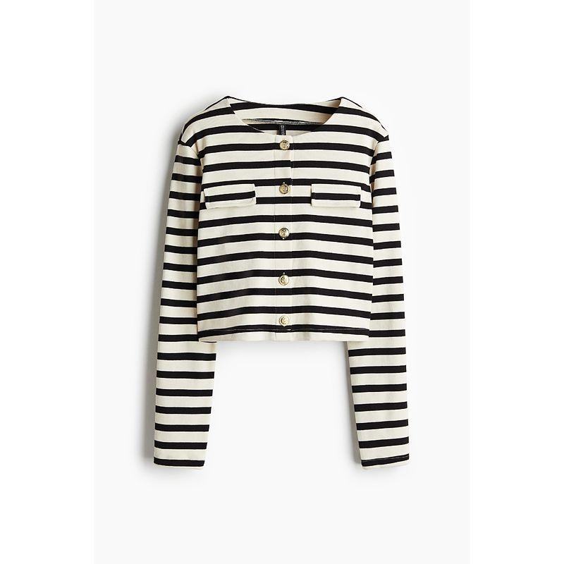 

HM Женский Naist 2025 Лето Новый круглый вырез Длинные рукава Откидной карман Декоративный Короткий кардиган 1259414 Cream/Stripes 170/104(L)