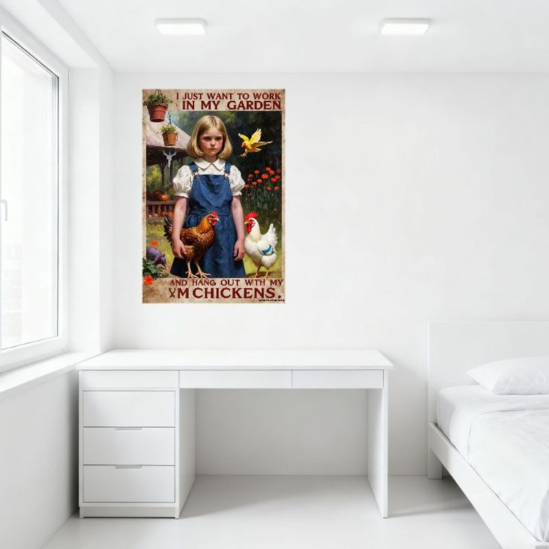 Vintage Girl Garden Chickens Tin Sign Metal Poster Whimsical Nostalgic Wall Decor for Home Cafe Bar, 8x12 Inch