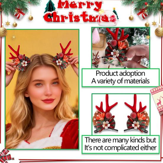 1 Pair Christmas Hairpins Holiday Antlers Design Faux Pearls Plush Ball Decor Hair Clips Christmas Party Photography Props