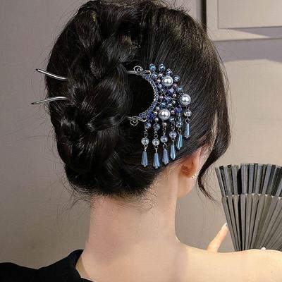 Elegancka spinka do włosów Hanfu w kształcie litery U z pereł – Luksusowy widelec do włosów w kształcie wachlarza do fryzur w stylu starożytnym