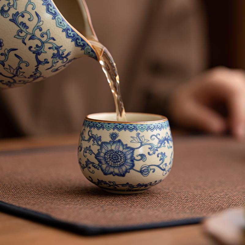 Ru Kiln Blue and White Pu'er Cup Teacup Single Ceramic Master Cup Personal Special Simple Tea Tasting Cup Kung Fu Tea Set
