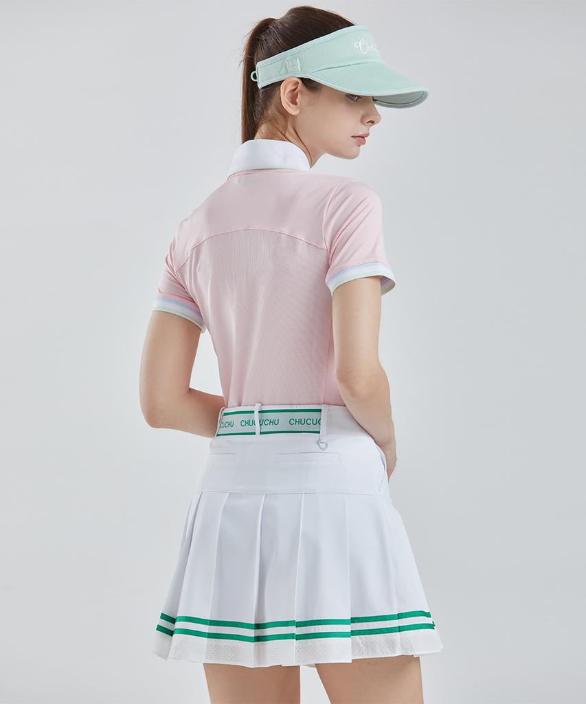CHUCUCHU Line Back Mesh Collar Short Sleeve Top (Pink) Cbfss-Ts006W