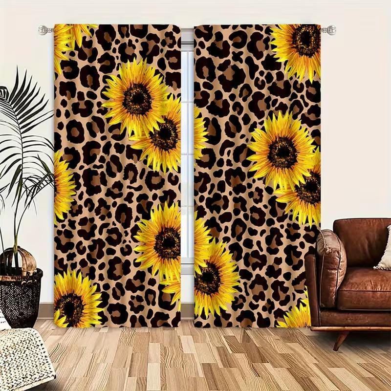 

2PcsLeopard print sunflower print curtains,suitable for bedroom,living room kitchen decoration,home decoration,window decoration 14Wx39L(35x100CM)x2&Rod Pocket