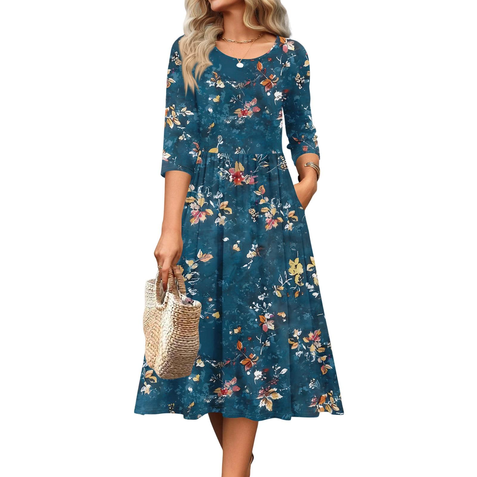A Line Midi Dress Womens Midi Dress 3/4 Sleeve Dress for Women Midi Dresses for Women Formal Midi Wedding Guest Dresses S тёмно-синий