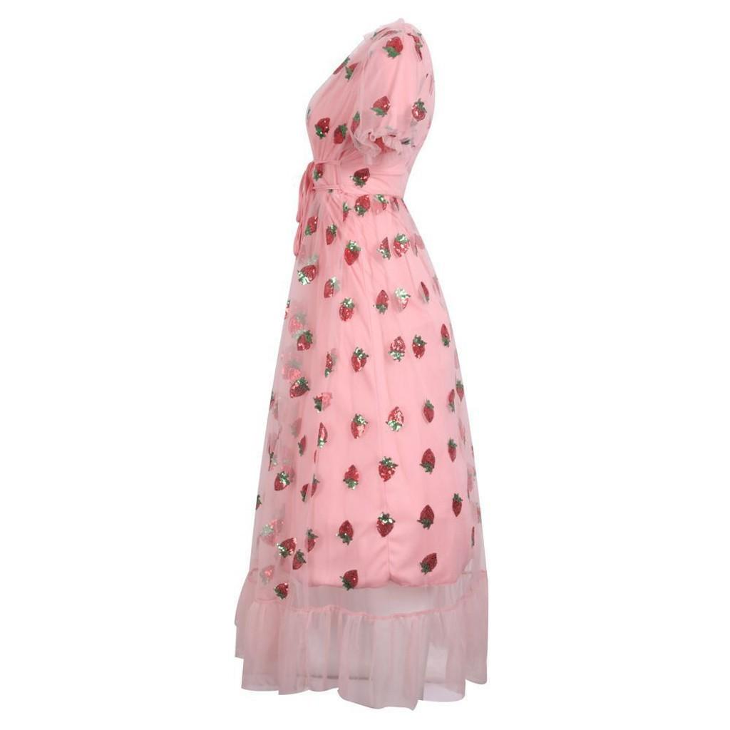 Fashion Women Casual Sexy Strawberry Sweet Mesh Yarn V-Neck Pleated Long Skirt
