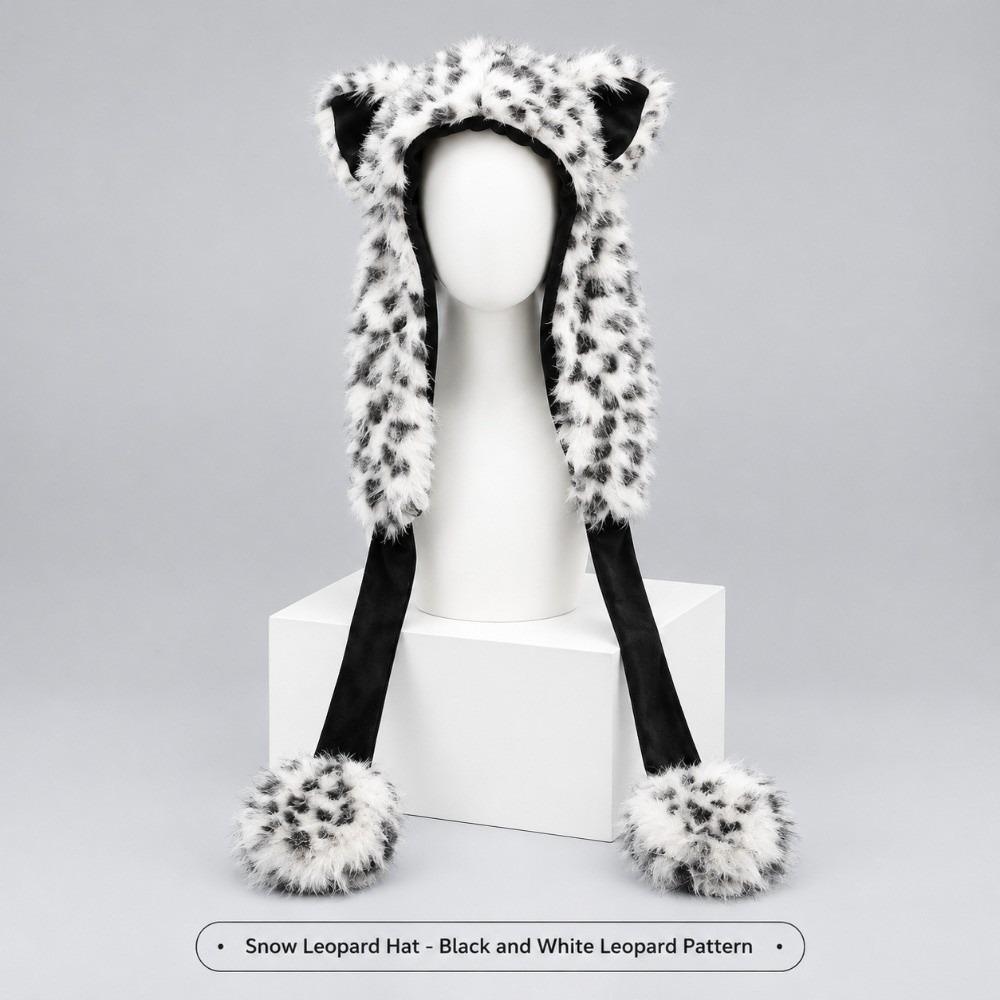 Thick Velvet Lined Ear Warmer Hat Snow Leopard Print Winter Head Hat  Ladies Women