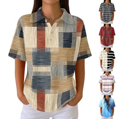 Womens Casual Short Sleeve Polo Shirt Waffle Knit Fabric Striped Plaid Print Buttoned Collar Top