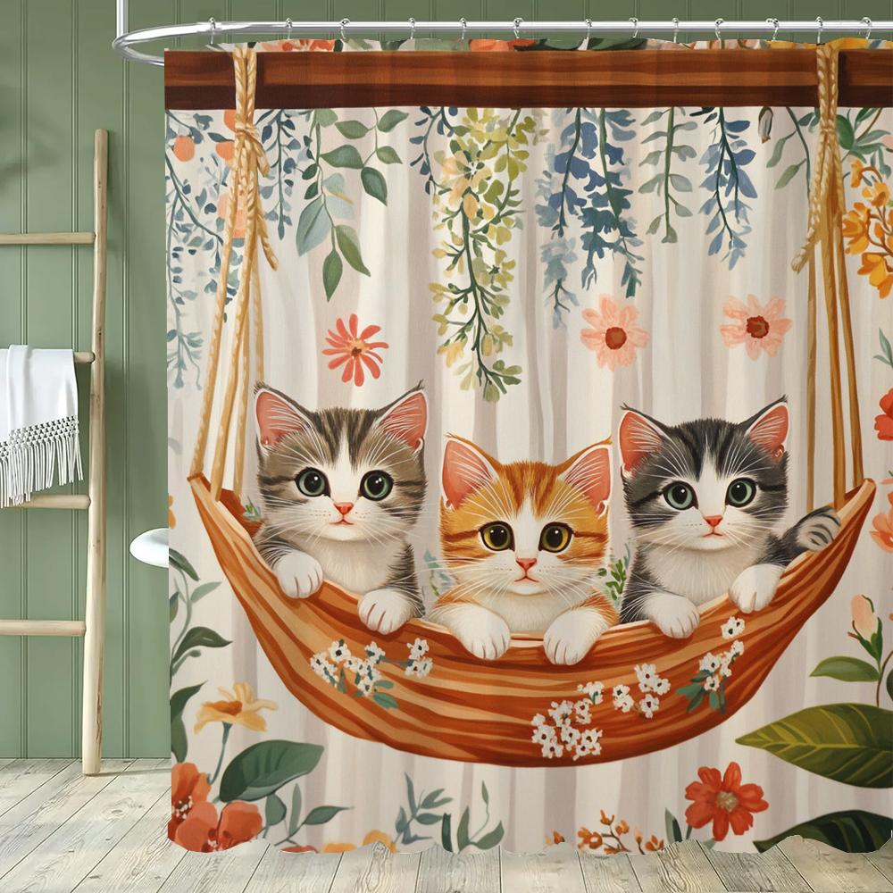 Modern Plant and Cartoon Cute Cat Shower Curtain, Bathroom Decorative Shower Curtain, Printed Polyester Home Curtain with Hooks
