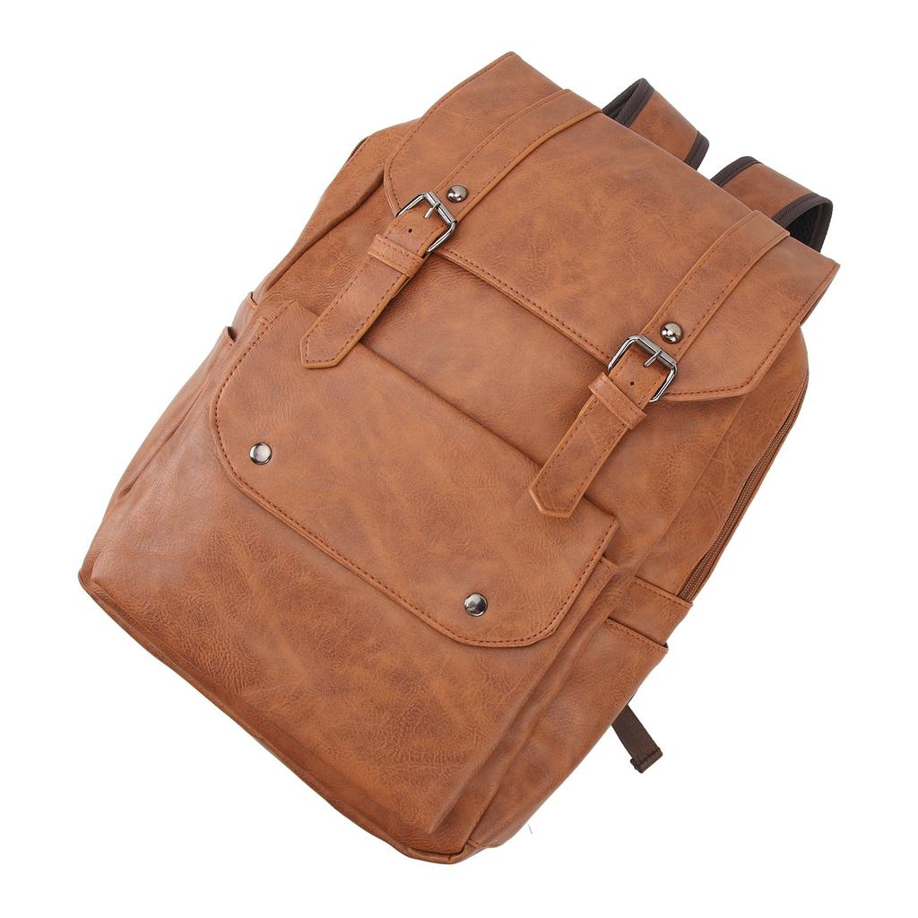 Men Backpack Vintage Style Soft PU Leather Large Capacity Fashionable Shoulders Bag for Travel Business Light Brown