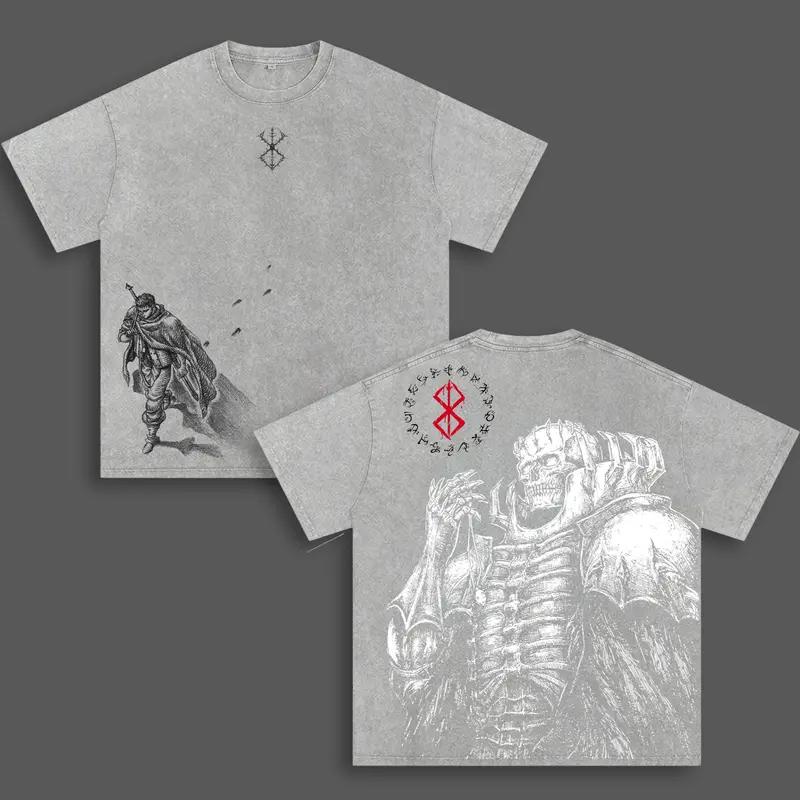 Totenkopf Ritter Print T-Shirt Berserk Anime Kleidung Herren Kurzarm Baumwoll-T-Shirts Vintage Gewaschenes Tee Harajuku Übergroßes T-Shirt