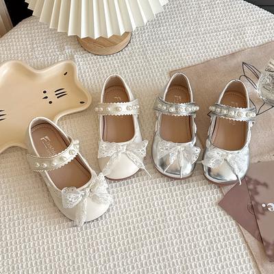 Mädchen Prinzessin Schuhe Mesh Spitze Schleife Kinder Ballerinas Runde Zehen Süß 2025 Neu Mädchen Lederschuhe für Party Hochzeit Niedlich Perle