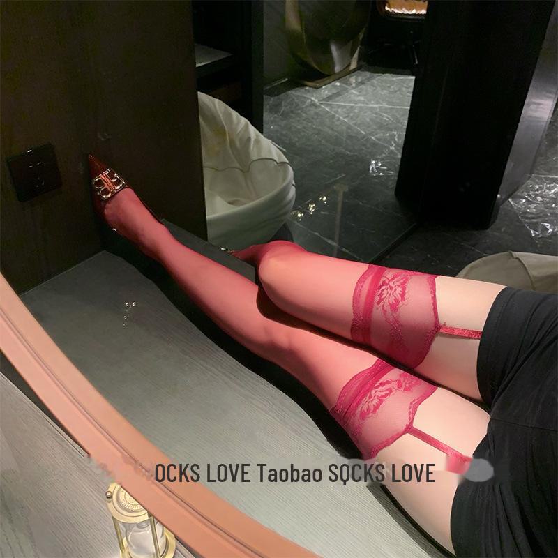 Sultry Contrast Color Garter Stockings - Sheer Black, Wide Edge, Over-the-Knee Design