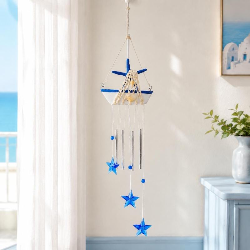 Coastal Wind Chimes with Blue and White Sailboats, Carving and Painted Detail, and Metal Tube, Star Pendants for Entryway Decors