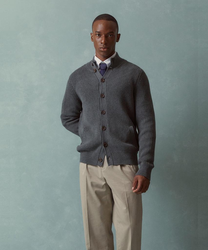 Brooks Brothers Cotton Rib Mock Neck Cardigan (Charcoal) (Bbwcmmf401)